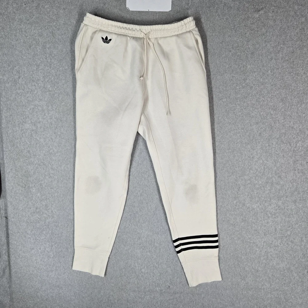 Adidas Men Activewear Pants M Cream Sweatpants Trefoil Logo Stripe READ